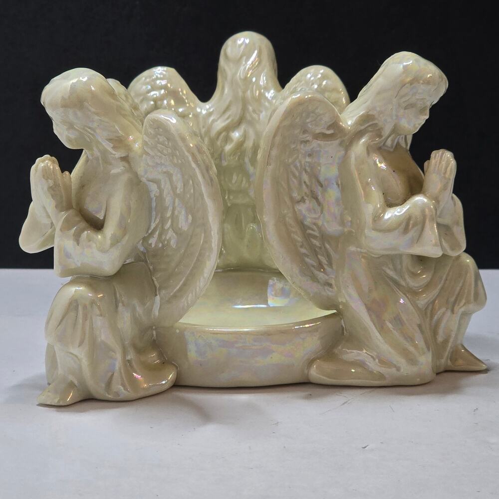 Vintage Iridescent Angel Tealight Candle Holder Cream Ceramic Pearl Glaze